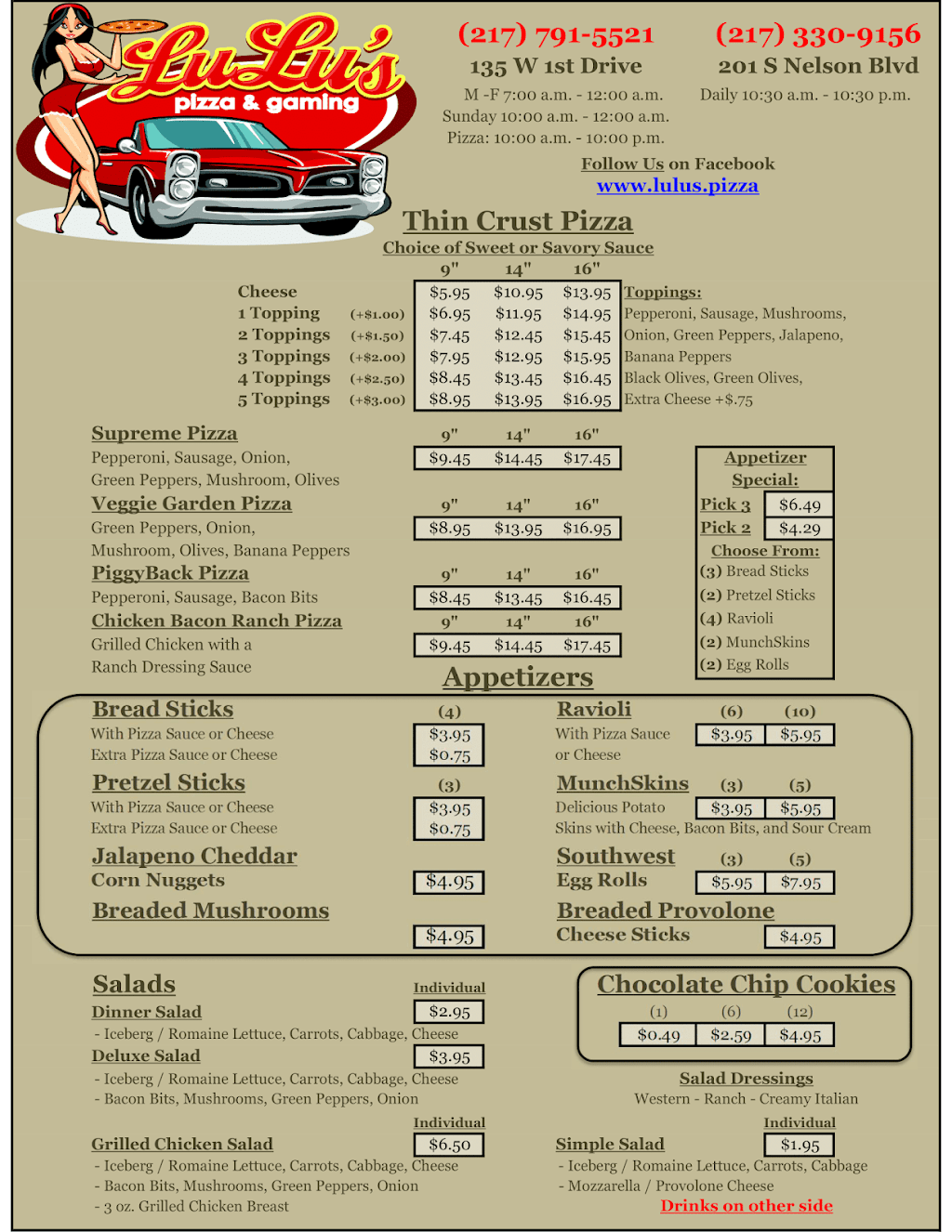 Lu Lus Pizza & Gaming | restaurant | 201 S Nelson Blvd, Decatur, IL 62521, USA | 2173309156 OR +1 217-330-9156