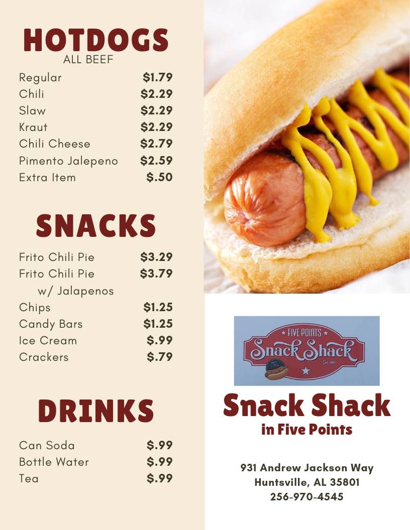 Five Points Snack Shack | meal takeaway | 931 Andrew Jackson Way NE, Huntsville, AL 35801, USA | 2569704545 OR +1 256-970-4545