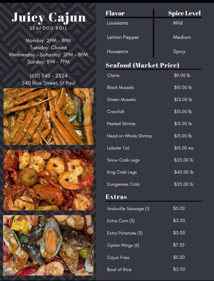 Juicy cajun | restaurant | 540 Rice St, St Paul, MN 55103, USA | 6513402324 OR +1 651-340-2324