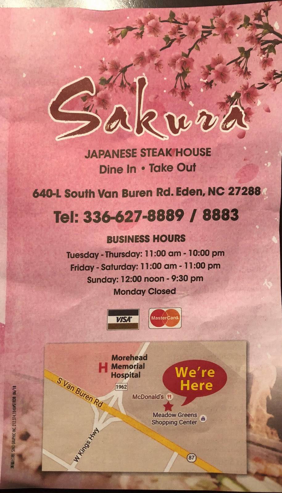 Sakura | restaurant | 640 S Van Buren Rd # L, Eden, NC 27288, USA | 3366278883 OR +1 336-627-8883