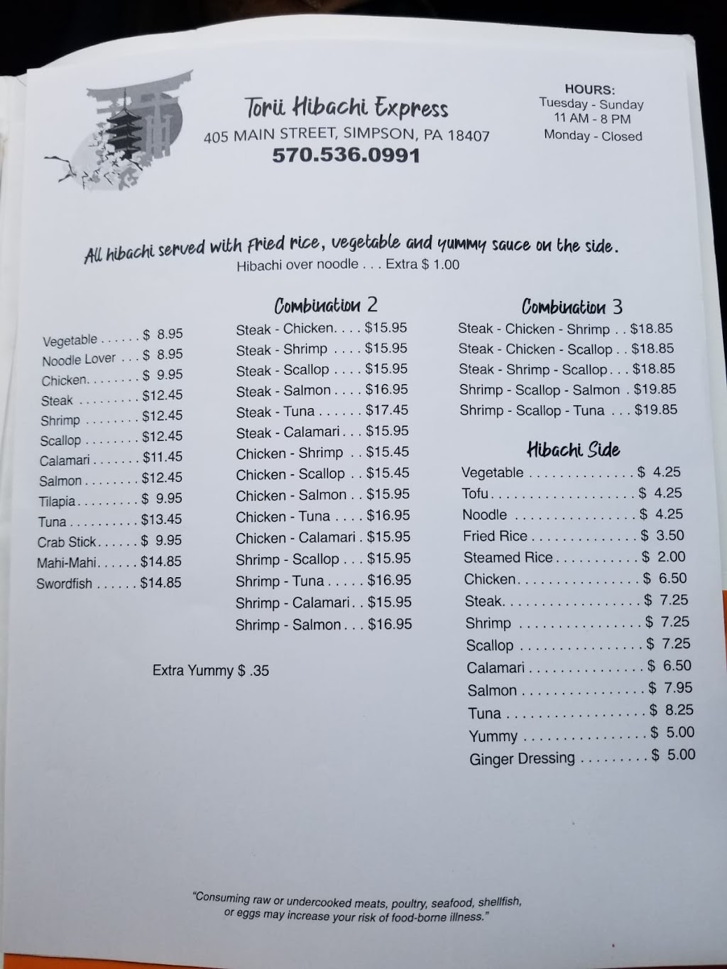 Torii Hibachi Express | restaurant | 405 N Main St, Simpson, PA 18407, USA | 5709047686 OR +1 570-904-7686