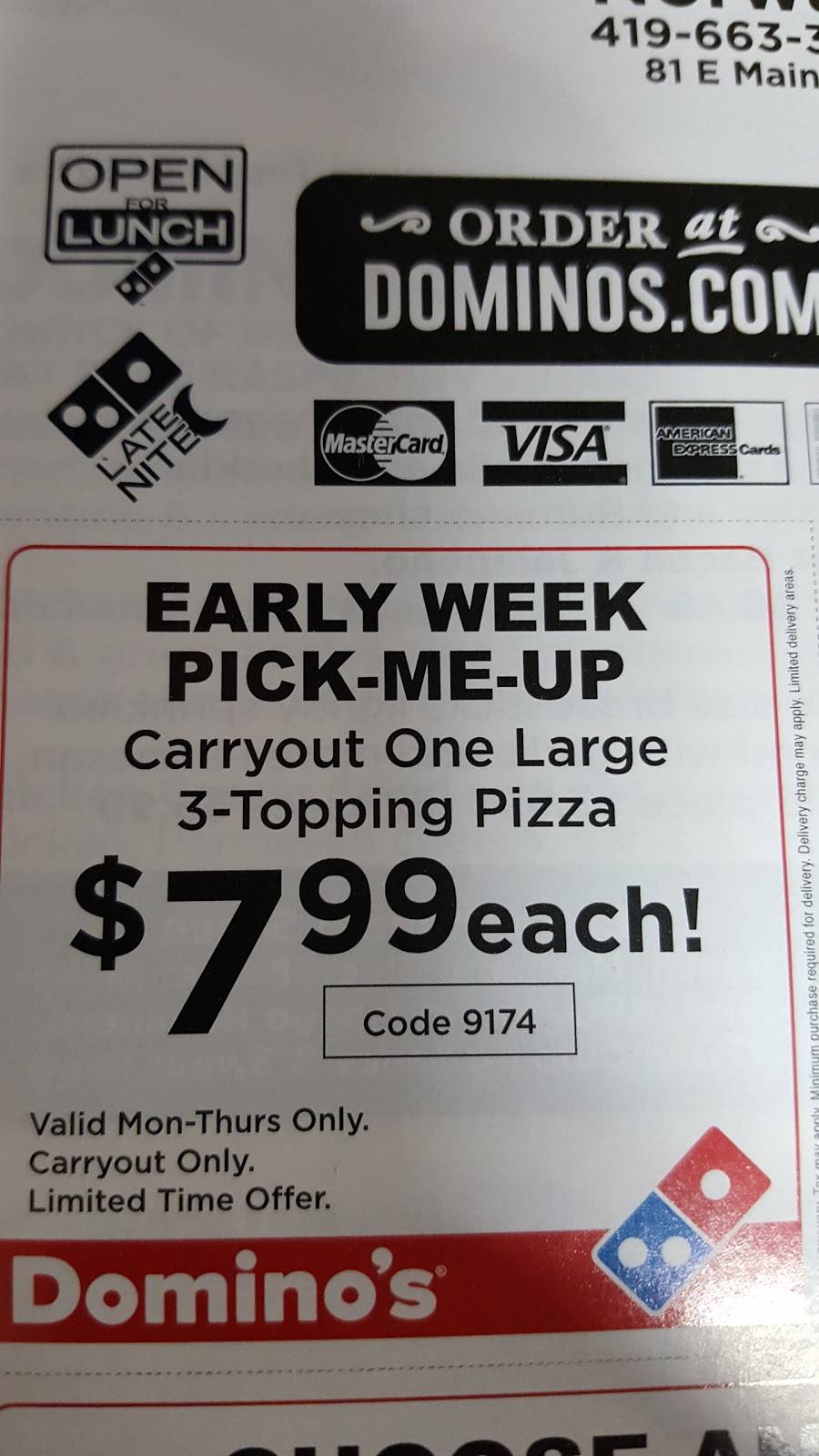 Dominos Pizza | meal delivery | 81 E Main St, Norwalk, OH 44857, USA | 4196633030 OR +1 419-663-3030