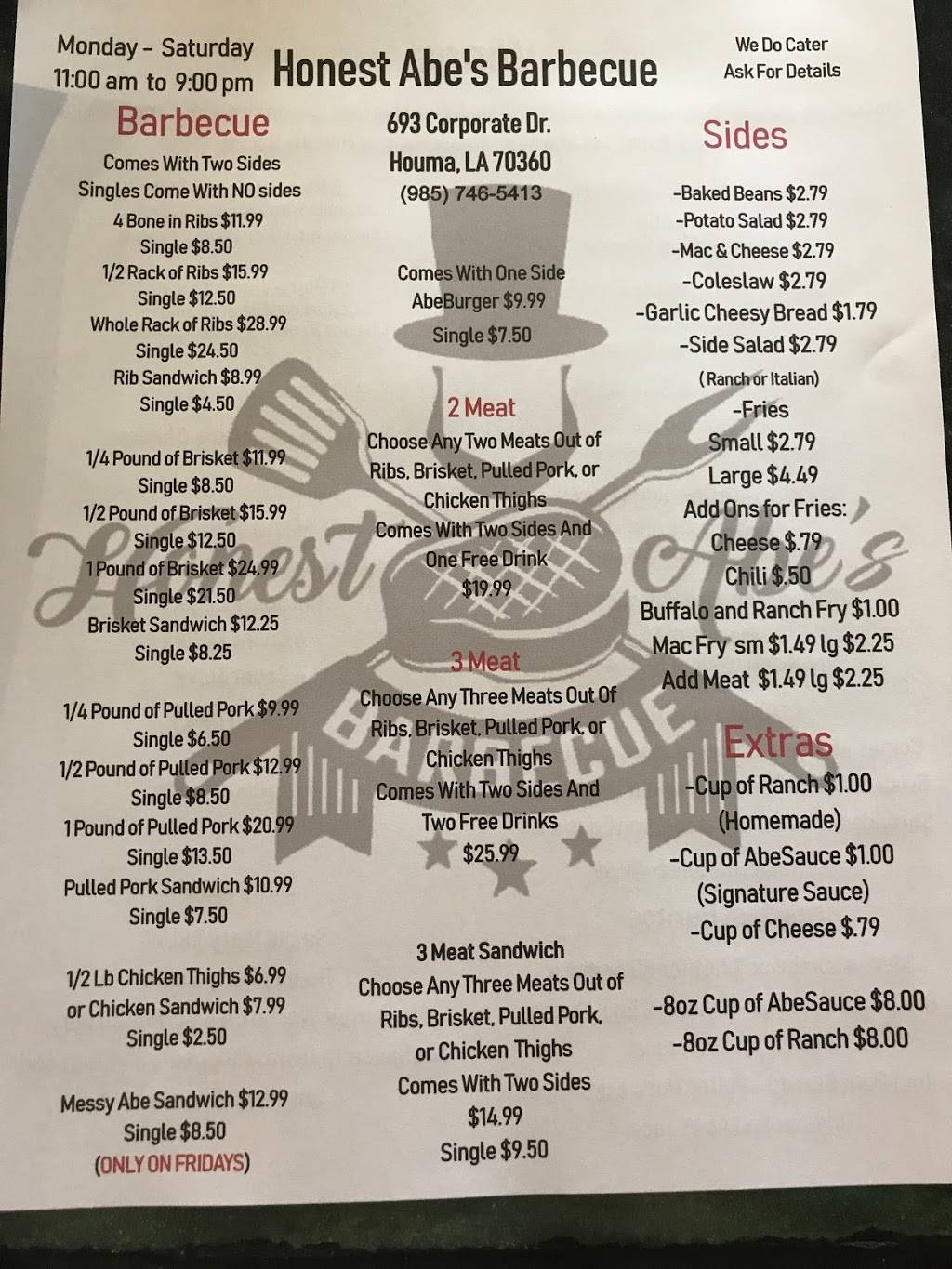 Honest Abes - Barbecue Restaurant | restaurant | 693 Corporate Dr, Houma, LA 70360, USA | 9857465413 OR +1 985-746-5413