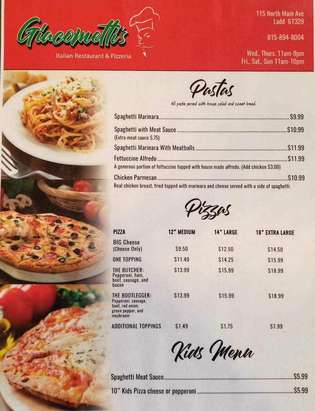 Giacomettis Restaurant | restaurant | 115 N Main St, Ladd, IL 61329, USA | 8158948004 OR +1 815-894-8004