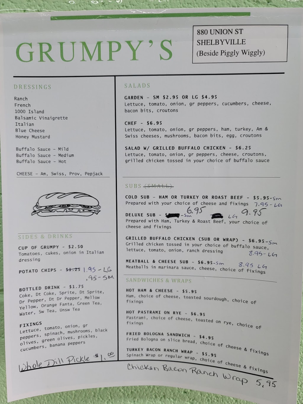 Grumpys Subs & Salads | restaurant | 880 Union St, Shelbyville, TN 37160, USA | 9317356970 OR +1 931-735-6970