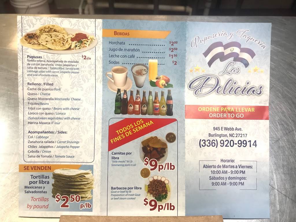 Pupuseria Y Taqueria Las Delicias Burlington | restaurant | 945 E Webb Ave, Burlington, NC 27217, USA | 3369209914 OR +1 336-920-9914