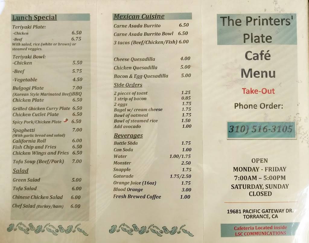 The Printers Plate Cafe | restaurant | 19681 Pacific Gateway Dr, Torrance, CA 90502, USA | 3105163105 OR +1 310-516-3105