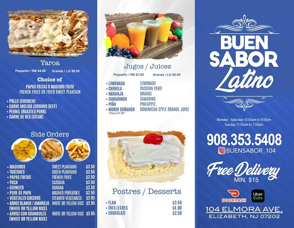 Buen Sabor Latino | restaurant | 104 Elmora Ave, Elizabeth, NJ 07202, USA | 9083535408 OR +1 908-353-5408