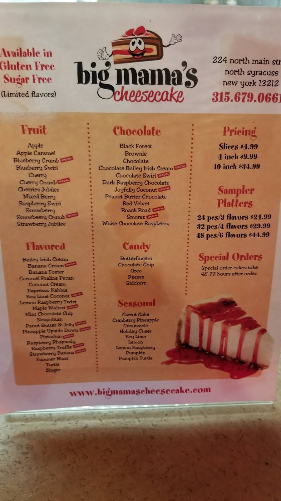 Big MaMas Cheesecakes | restaurant | 224 N Main St, North Syracuse, NY 13212, USA | 3156790661 OR +1 315-679-0661