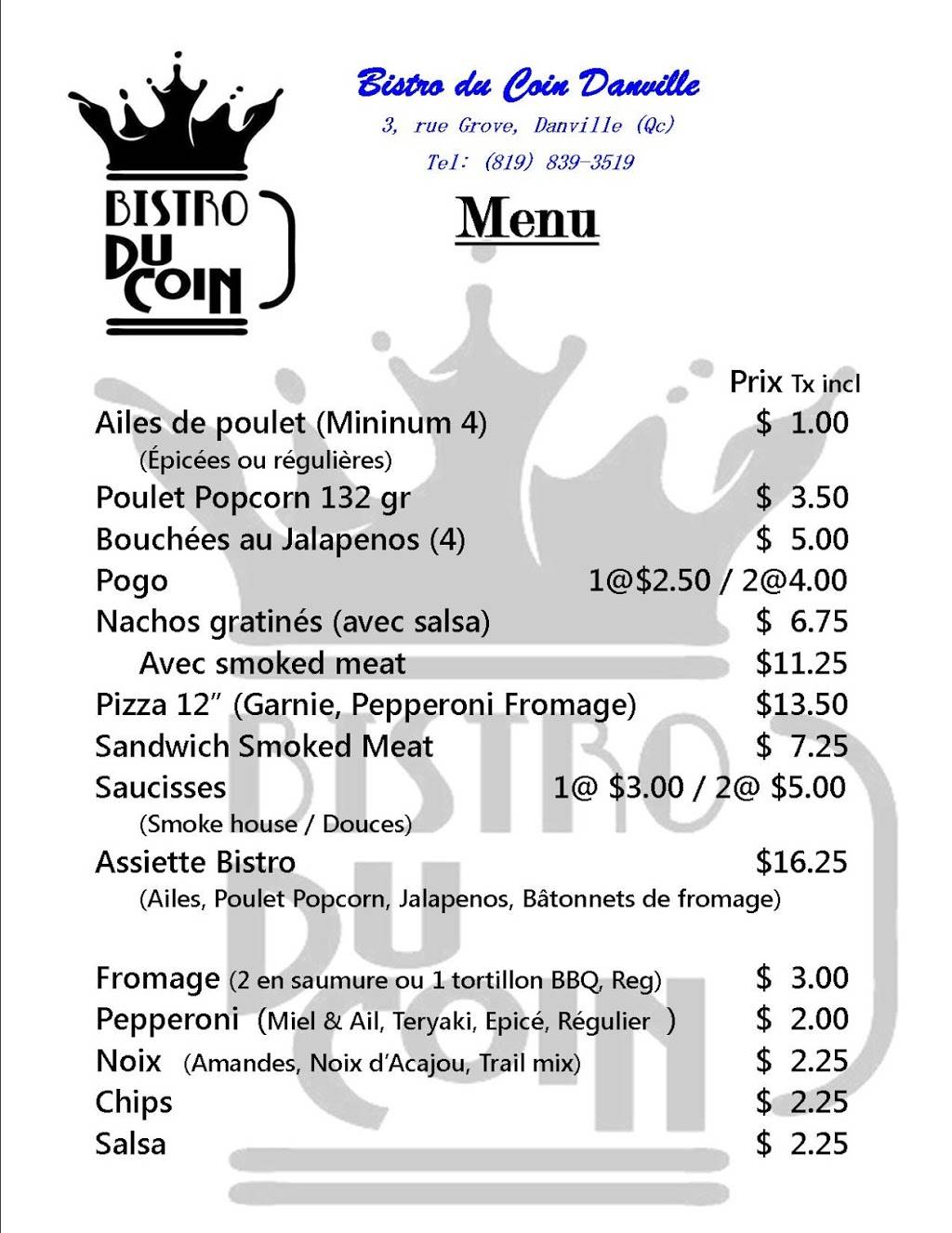 Bistro Du Coin A S De Danville Inc (Le) | restaurant | 3 Rue Grove, Danville, QC J0A 1A0, Canada | 8198393519 OR +1 819-839-3519