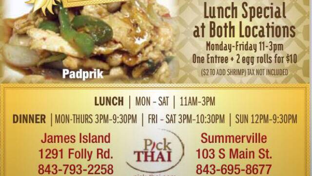 Pick Thai Restaurant | restaurant | 1291 Folly Rd Unit 122, Charleston, SC 29412, USA | 8437932258 OR +1 843-793-2258
