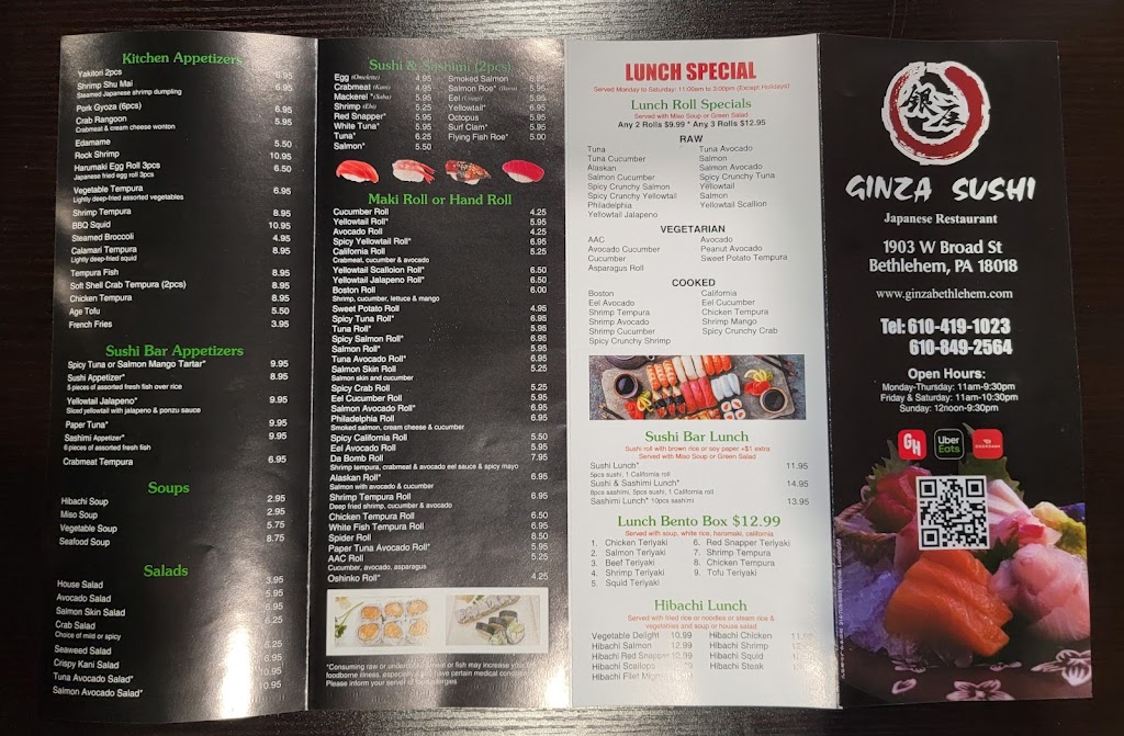 Ginza Sushi Japanese Restaurant | restaurant | 1903 W Broad St, Bethlehem, PA 18018, USA | 6104191023 OR +1 610-419-1023