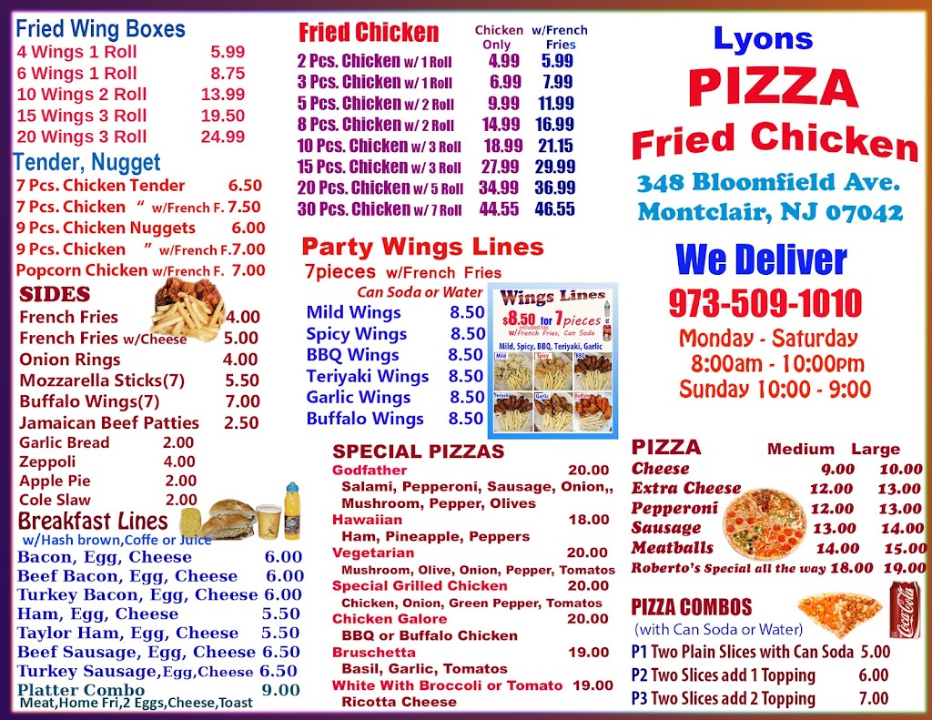 Lyons Pizza Fried Chicken | restaurant | 348 Bloomfield Ave, Montclair, NJ 07042, USA | 9735091010 OR +1 973-509-1010