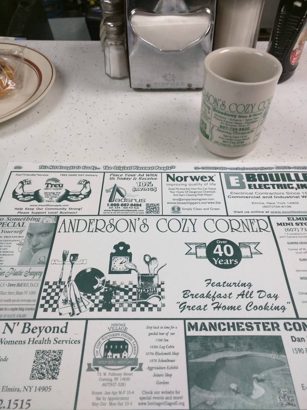 Andersons Cozy Corner | restaurant | 416 W Washington Ave, Elmira, NY 14901, USA | 6077343081 OR +1 607-734-3081