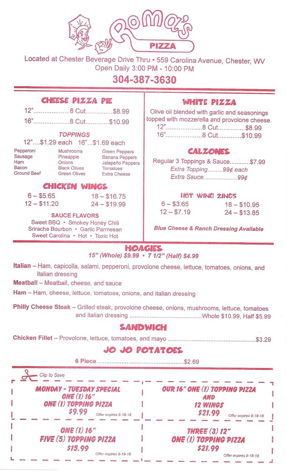 Romas Pizza | restaurant | 559 Carolina Ave, Chester, WV 26034, USA | 3043873630 OR +1 304-387-3630