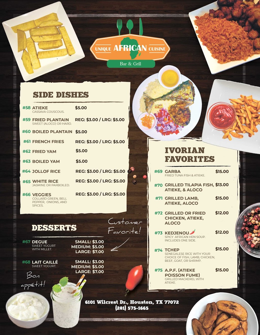 Unique African Cuisine | restaurant | 6101 Wilcrest Dr, Houston, TX 77072, USA | 2815751665 OR +1 281-575-1665