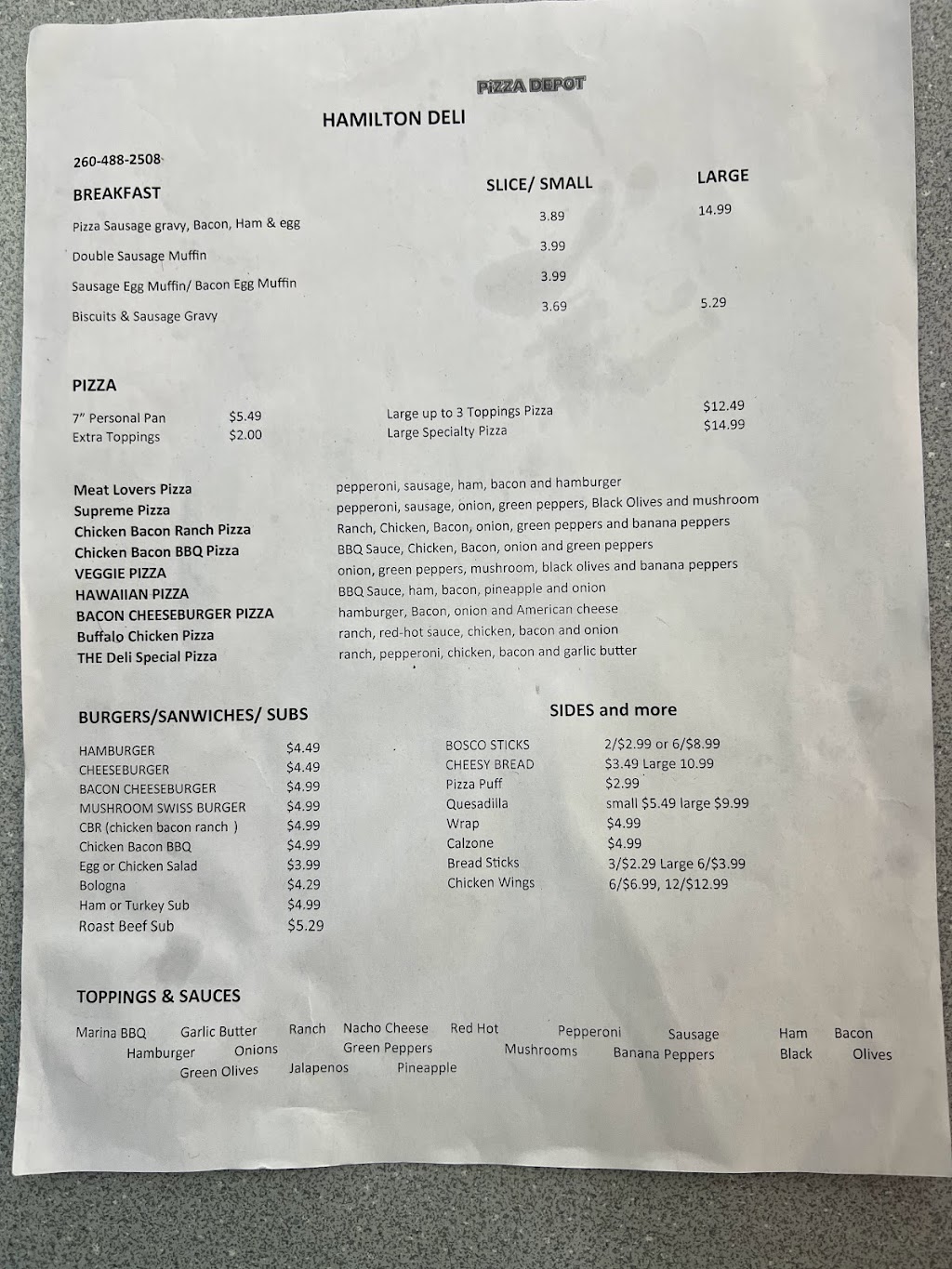 Hamilton Deli Pizza , Gas Station & Bait - Tackle shop | restaurant | 7305 S Wayne St, Hamilton, IN 46742, USA | 2604882508 OR +1 260-488-2508