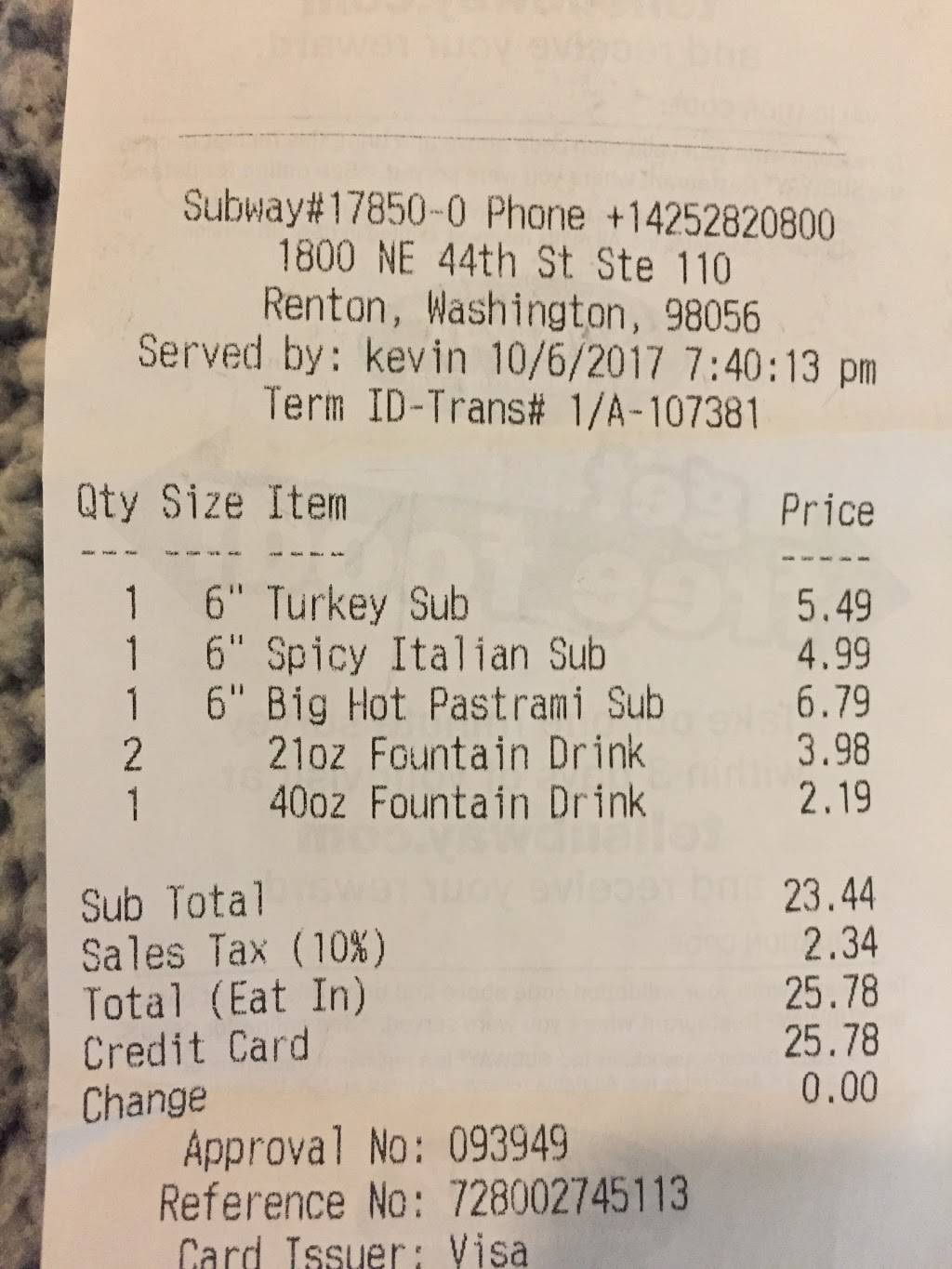 Subway | meal takeaway | 1800 NE 44th St Suite 110, Renton, WA 98056, USA | 4252820800 OR +1 425-282-0800