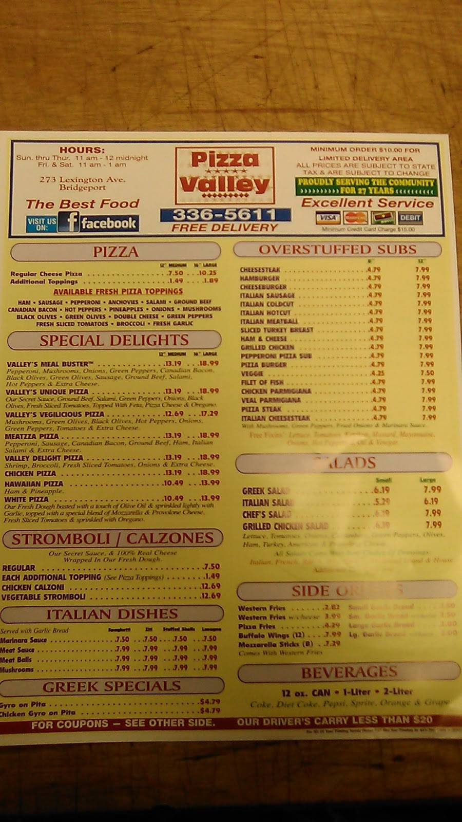 Pizza Valley | restaurant | 273 Lexington Ave, Bridgeport, CT 06604, USA | 2033365611 OR +1 203-336-5611