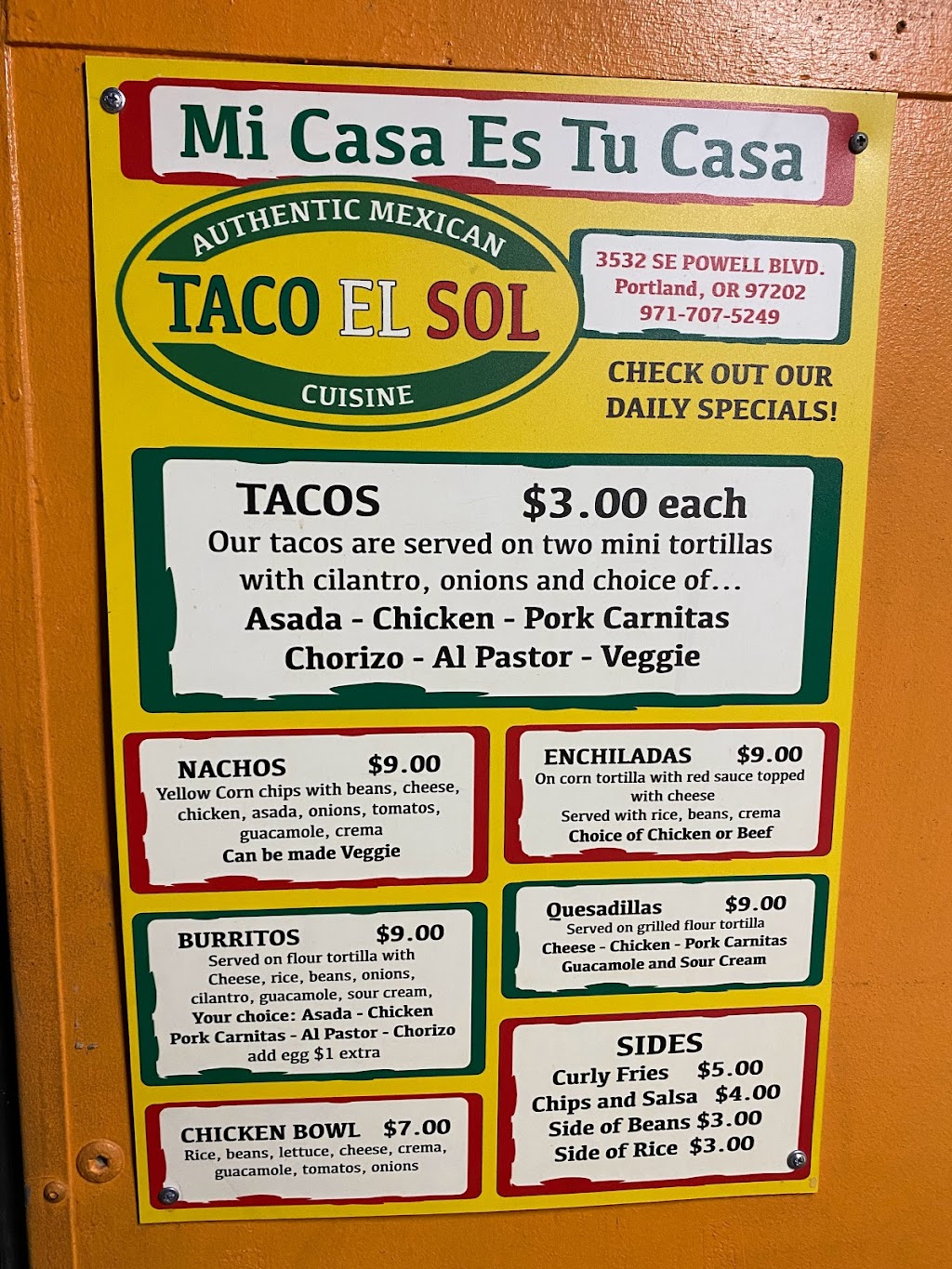 Taco el sol | restaurant | 3532 SE Powell Blvd, Portland, OR 97202, USA | 9716015044 OR +1 971-601-5044