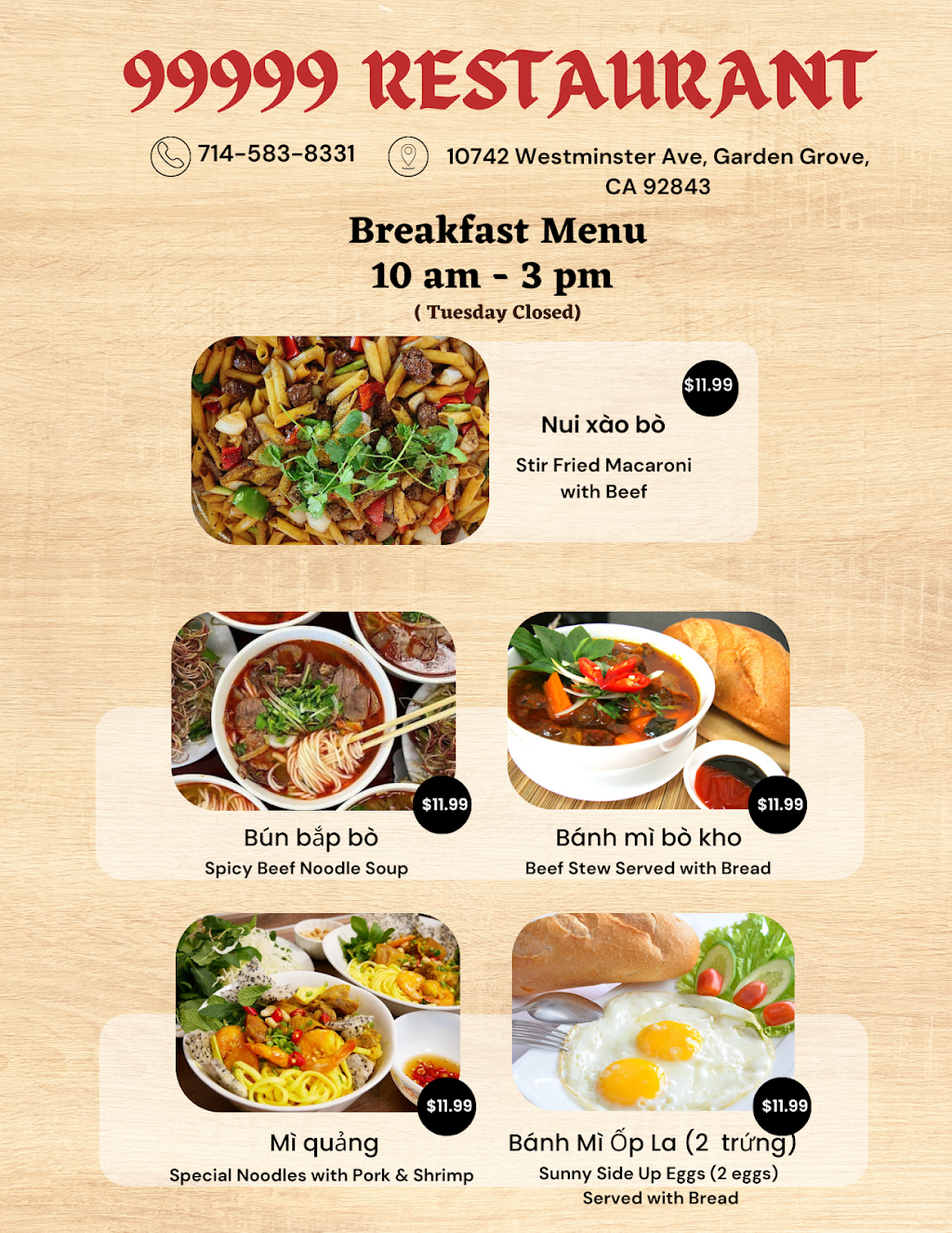 99999 Restaurant - Phở Út Nô | restaurant | 10742 Westminster Ave, Garden Grove, CA 92843, USA | 7145838331 OR +1 714-583-8331