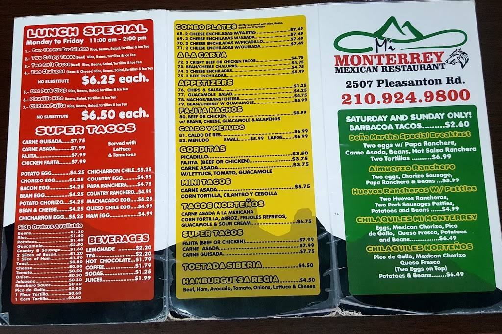 Mi Monterrey Mexican Restaurant | restaurant | 2507 Pleasanton Rd, San Antonio, TX 78221, USA | 2109249800 OR +1 210-924-9800