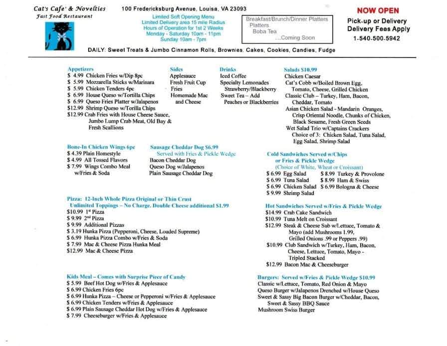 CATS CAFE & NOVELTIES | restaurant | 100 Fredericksburg Ave, Louisa, VA 23093, USA | 5405005942 OR +1 540-500-5942