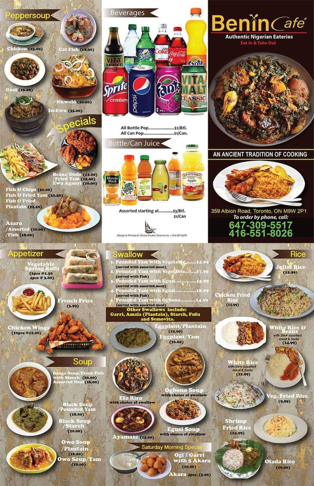 Benin Cafe Resturant | restaurant | 359 Albion Rd, Etobicoke, ON M9W 3P3, Canada | 4165518026 OR +1 416-551-8026