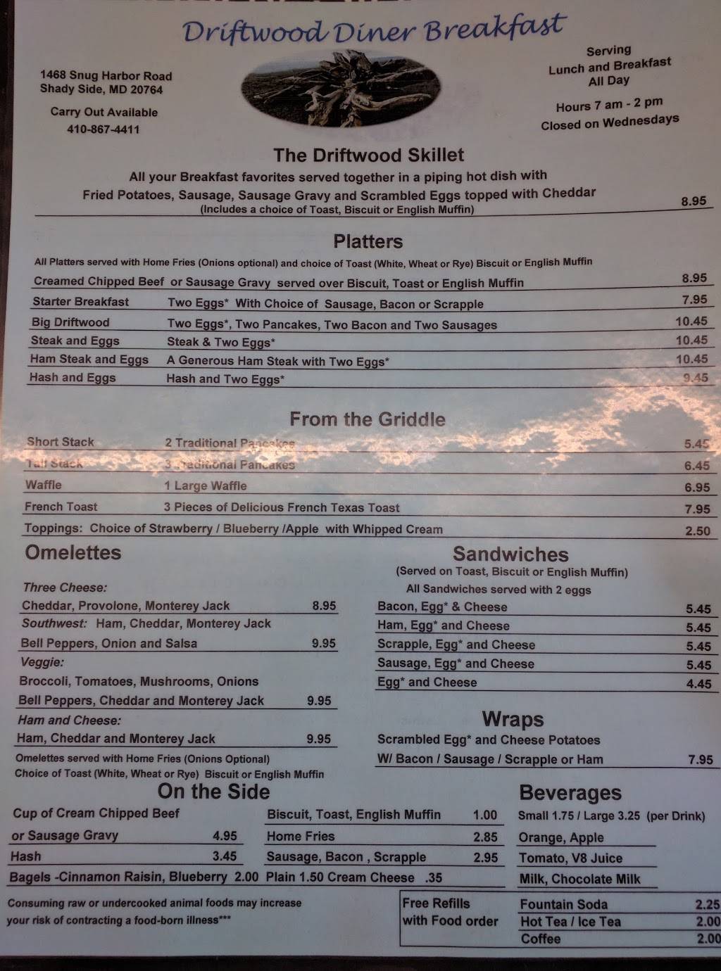 Drift Wood Diner | restaurant | 1468 Snug Harbor Rd, Shady Side, MD 20764, USA | 4108674411 OR +1 410-867-4411