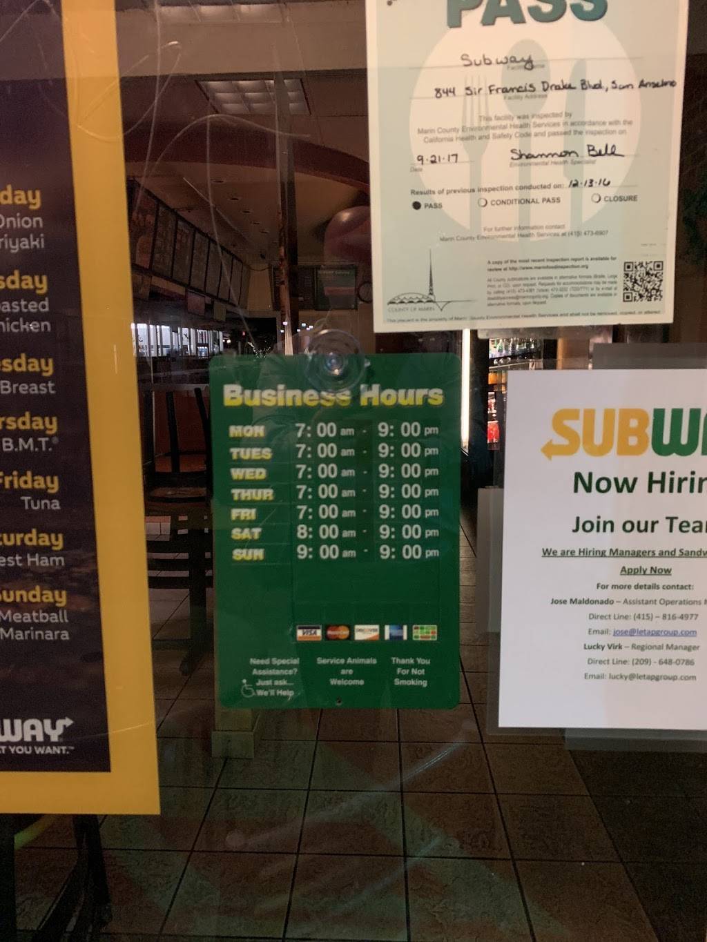 Subway Restaurants | restaurant | 844 Sir Francis Drake Blvd, San Anselmo, CA 94960, USA | 4154561170 OR +1 415-456-1170