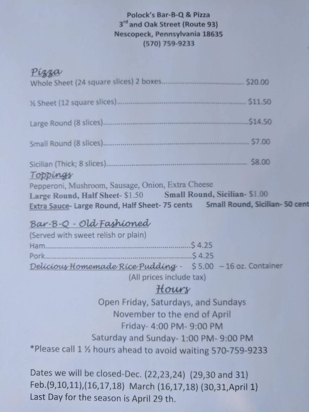 Polocks Pizza | restaurant | East 3rd Street, Nescopeck, PA 18635, USA | 5707599233 OR +1 570-759-9233