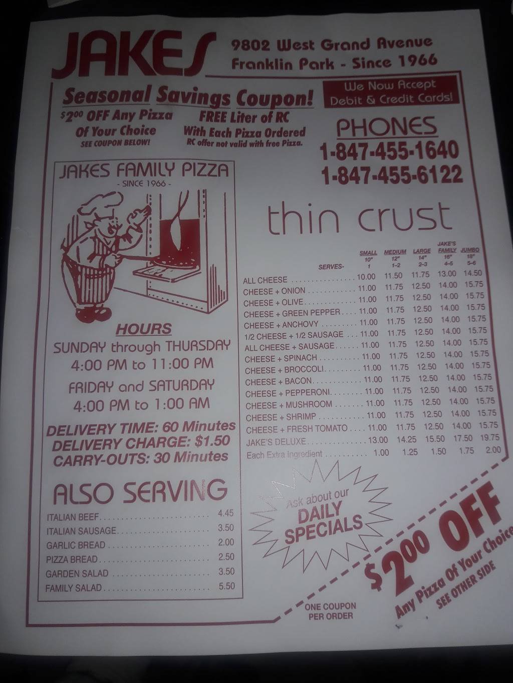 Jakes Pizza | restaurant | 9802 Grand Ave, Franklin Park, IL 60131, USA | 8474556122 OR +1 847-455-6122