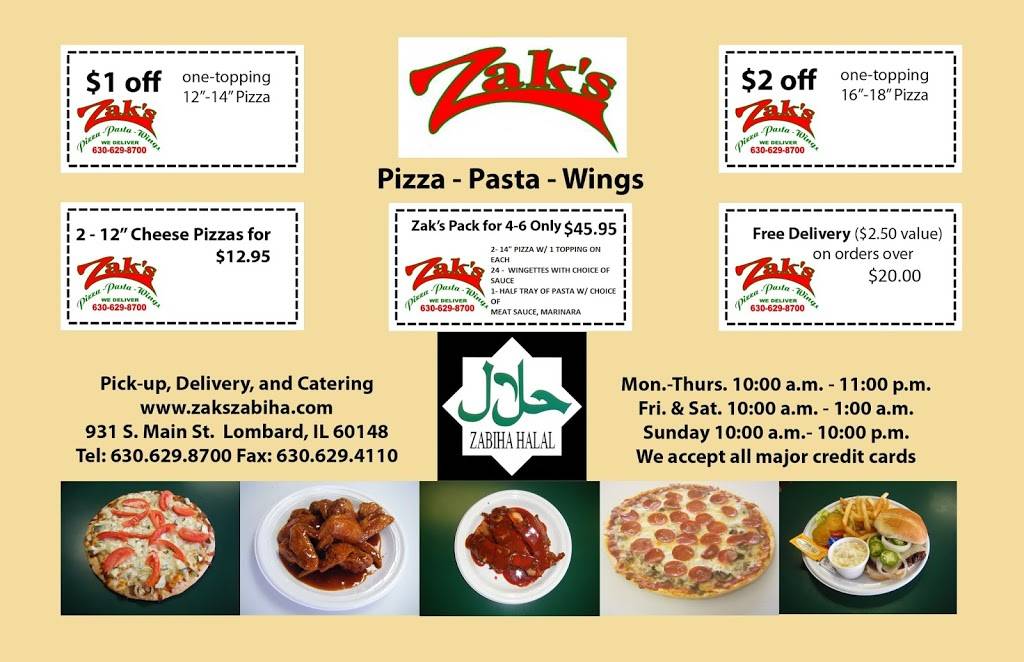 Zaks Pizza Pasta & Wings | restaurant | 931 S Main St, Lombard, IL 60148, USA | 6306298700 OR +1 630-629-8700