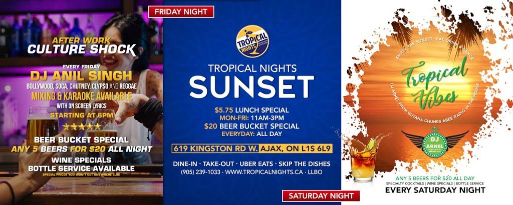 Tropical Nights Sunset | restaurant | 619 Kingston Rd W, Ajax, ON L1S 6L9, Canada | 9052391033 OR +1 905-239-1033