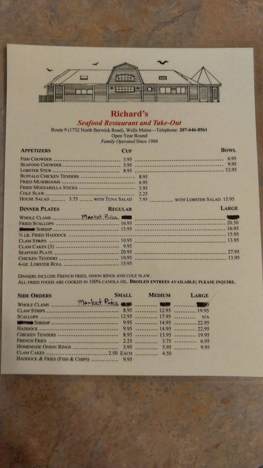 Richards Seafood Restaurant | restaurant | 1732 N Berwick Rd, Wells, ME 04090, USA | 2076468561 OR +1 207-646-8561