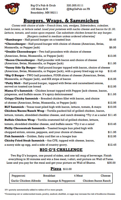 Big Gs Pub & Grub | restaurant | 105 County Saint Aid Hwy 16 N, Beardsley, MN 56211, USA | 3202656111 OR +1 320-265-6111