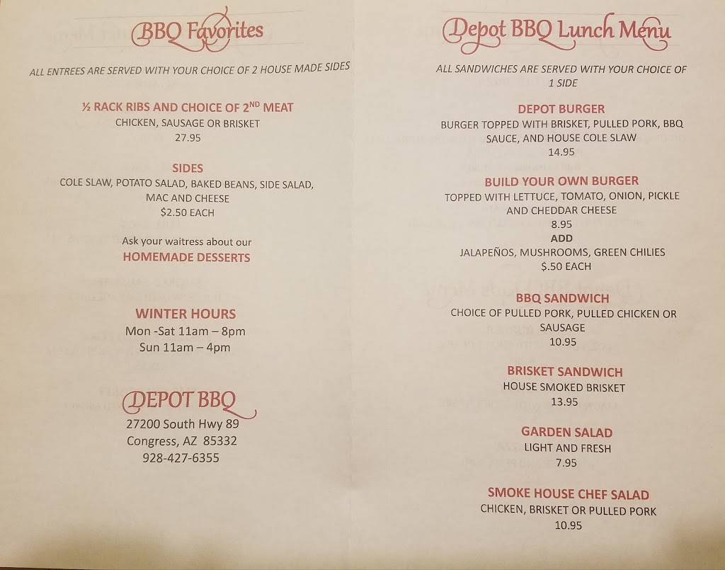 The Depot | restaurant | 27200 AZ-89, Congress, AZ 85332, USA | 9284276355 OR +1 928-427-6355