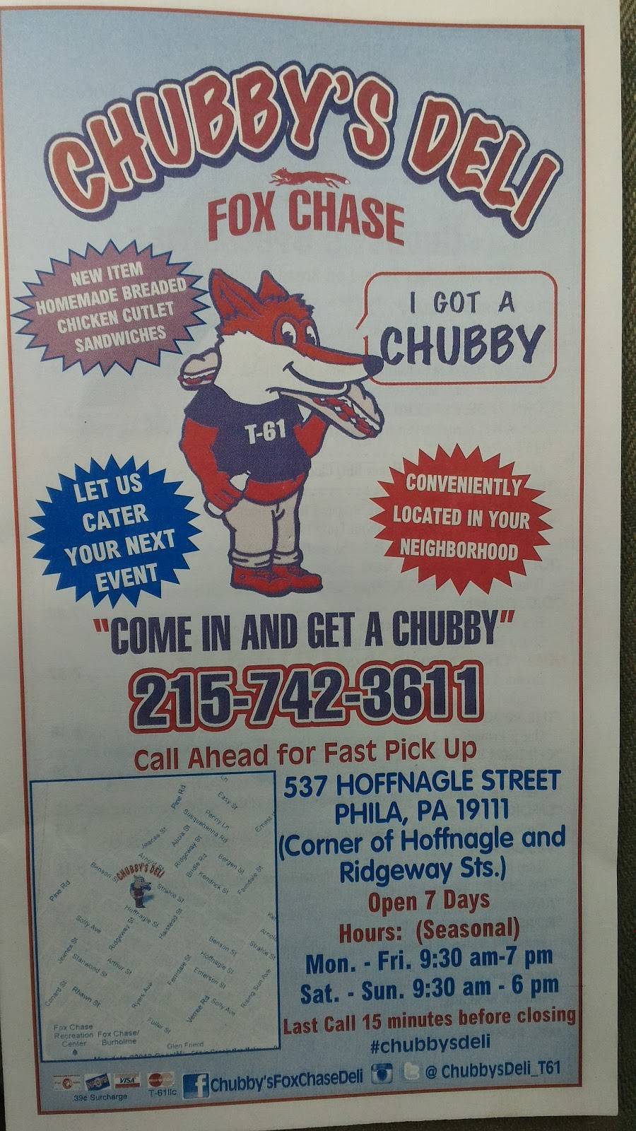 Chubbys Fox Chase Deli | meal takeaway | 537 Hoffnagle St, Philadelphia, PA 19111, USA | 2157423611 OR +1 215-742-3611