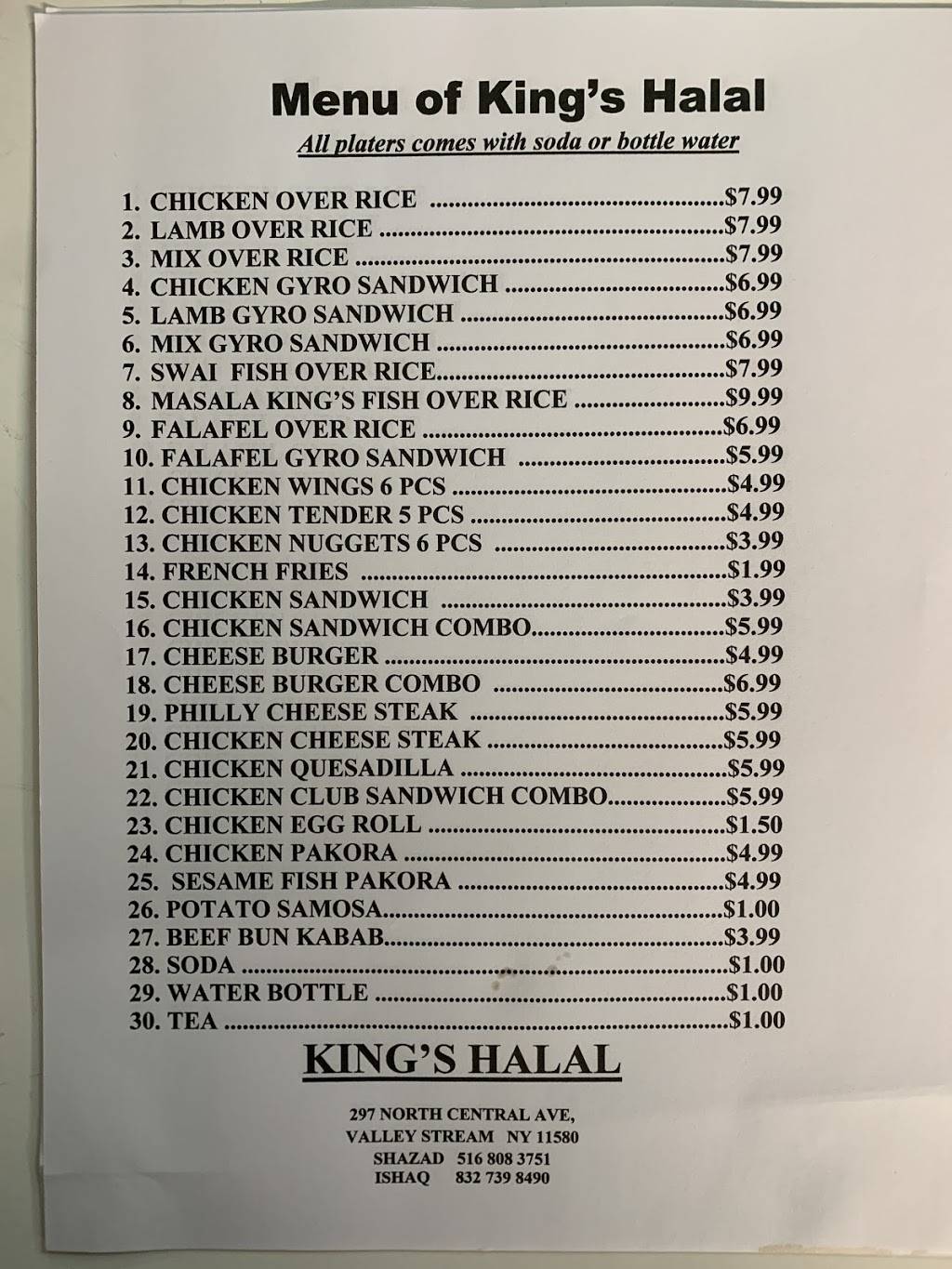 Kings Halal | restaurant | 297N N Central Ave, Valley Stream, NY 11580, USA | 5168083751 OR +1 516-808-3751