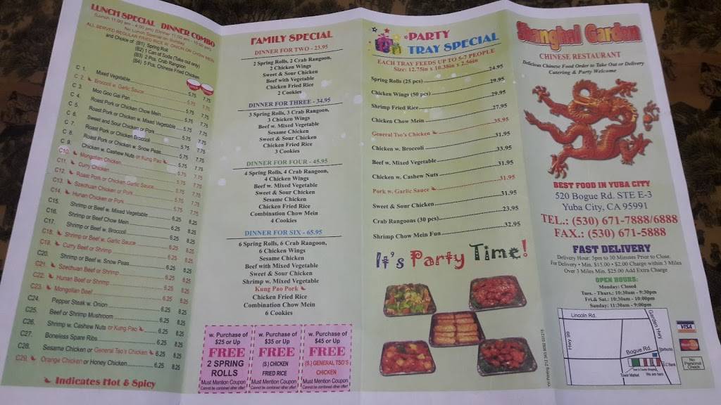 Shanghai Garden Chinese Restaurant | restaurant | 520 Bogue Rd ste e-3, Yuba City, CA 95991, USA | 5306717888 OR +1 530-671-7888