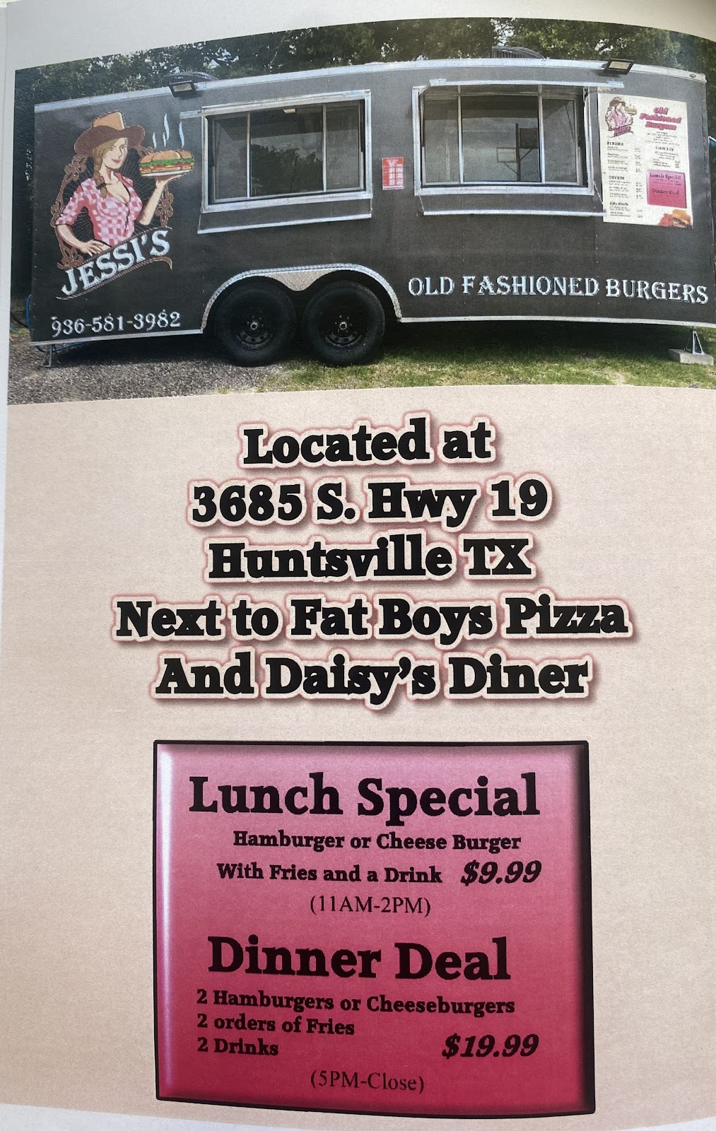 Jessi’s old fashioned burgers | restaurant | 3685 TX-19, Huntsville, TX 77320, USA | 9365813982 OR +1 936-581-3982