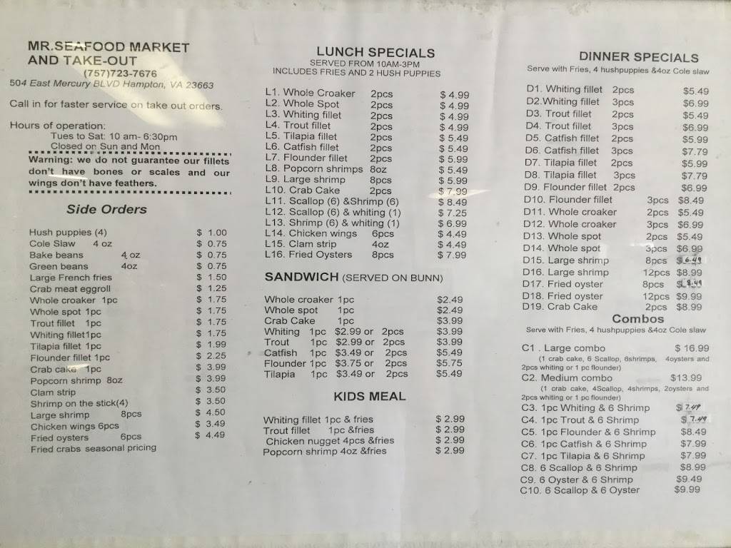 Mr Seafood | restaurant | 504 E Mercury Blvd, Hampton, VA 23663, USA | 7577227676 OR +1 757-722-7676
