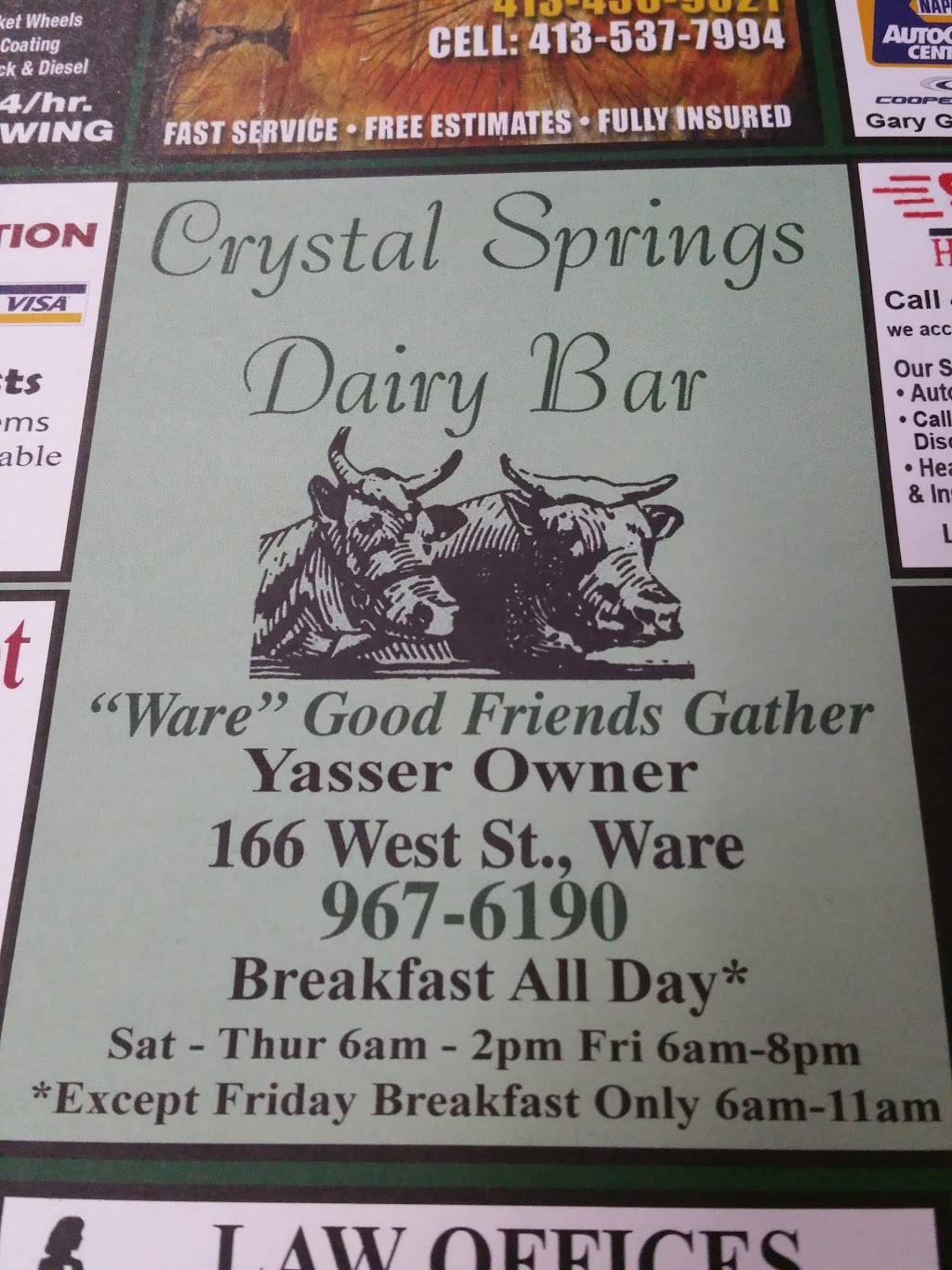 Crystal Springs Dairy Bar | restaurant | 166 West St, Ware, MA 01082, USA | 4139676190 OR +1 413-967-6190