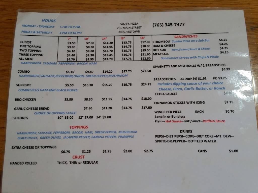 Suzys Pizza | restaurant | 2 E Main St, Knightstown, IN 46148, USA | 7653457477 OR +1 765-345-7477