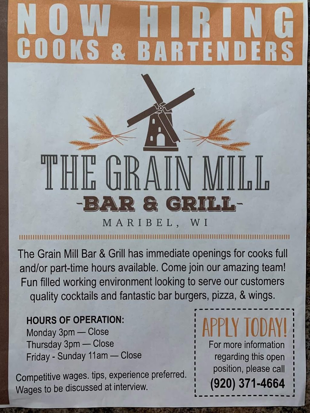The Grain Mill Bar & Grill | restaurant | 14901 N Maribel Rd, Maribel, WI 54227, USA | 9203672177 OR +1 920-367-2177