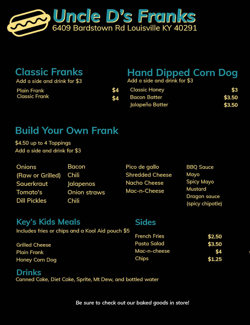 Uncle Ds Franks | restaurant | 6409 Bardstown Rd, Louisville, KY 40291, USA | 5029635024 OR +1 502-963-5024