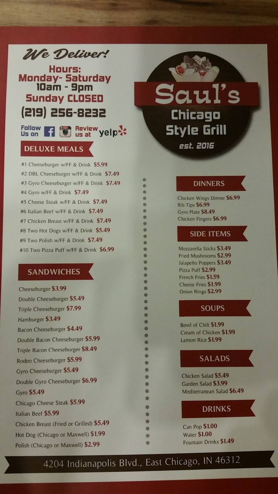 Sauls Chicago Style Grill | restaurant | 4204 Indianapolis Blvd, East Chicago, IN 46312, USA | 2192568232 OR +1 219-256-8232