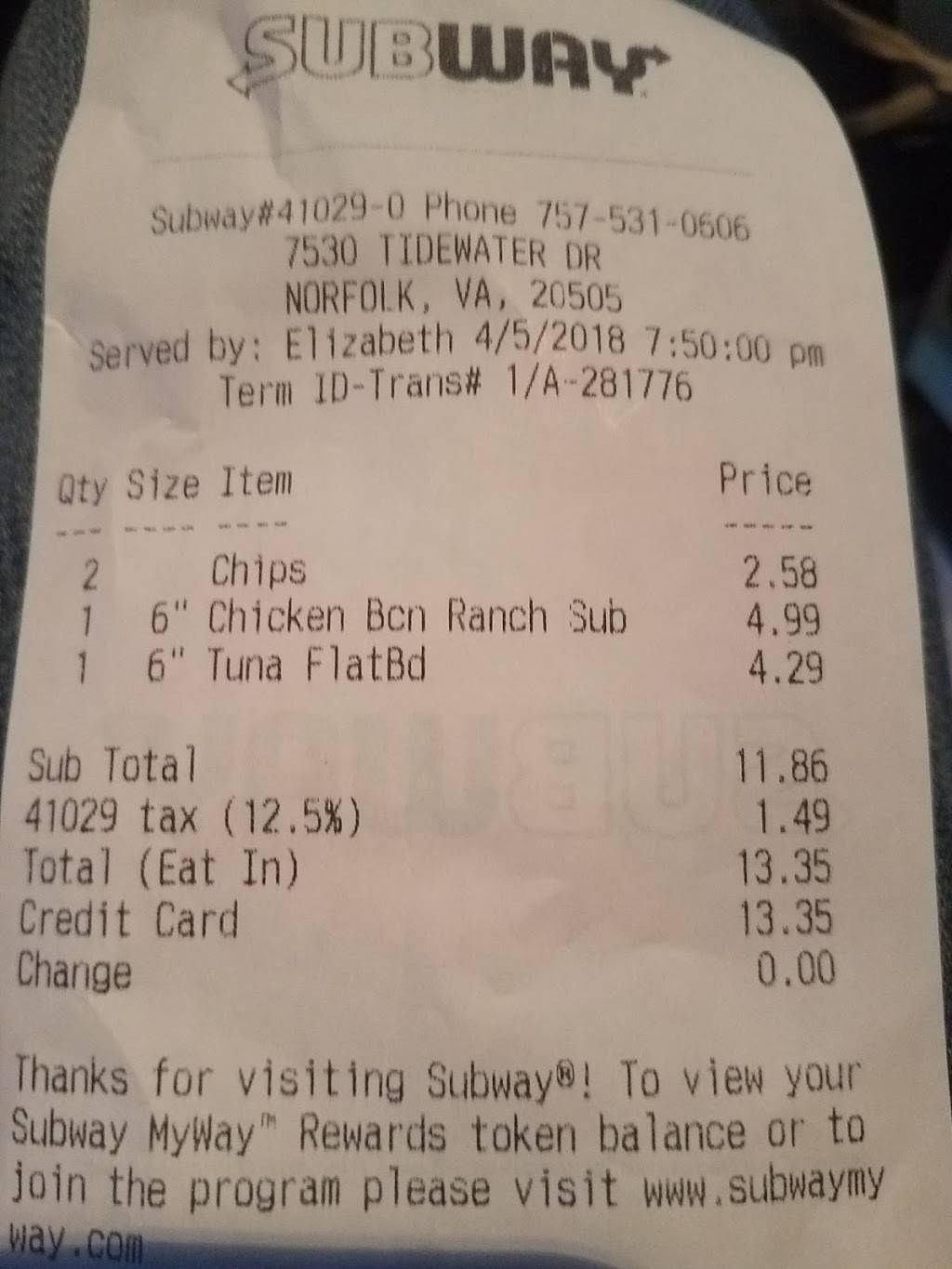 Subway | restaurant | 7530 Tidewater Dr, Norfolk, VA 23505, USA | 7575310606 OR +1 757-531-0606