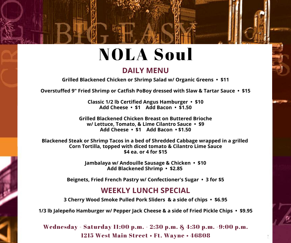 NOLA Soul | restaurant | 1215 W Main St, Fort Wayne, IN 46808, USA | 5044300623 OR +1 504-430-0623