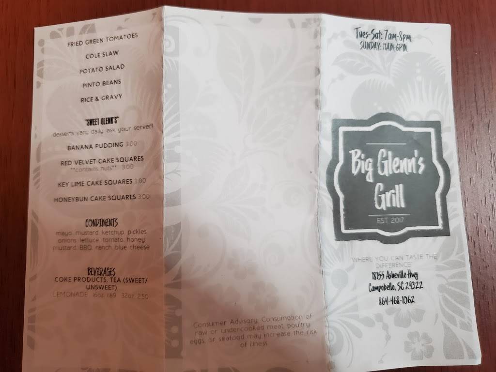 Big Glenns Grill | restaurant | 18155 Asheville Hwy, Campobello, SC 29322, USA | 8644681062 OR +1 864-468-1062